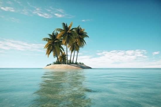 Malý ostrov s palmami uprostřed vody.