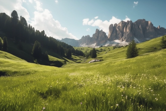 Zelené pole se stromy a horami v pozadí s dolomity v pozadí