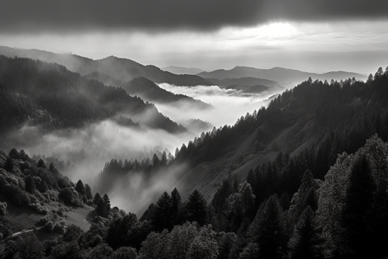 černobílá fotografie pohoří se stromy a mlhou