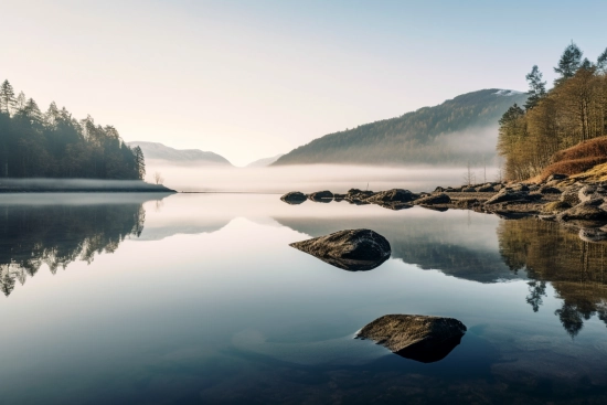 Jezero se skalami a stromy v pozadí