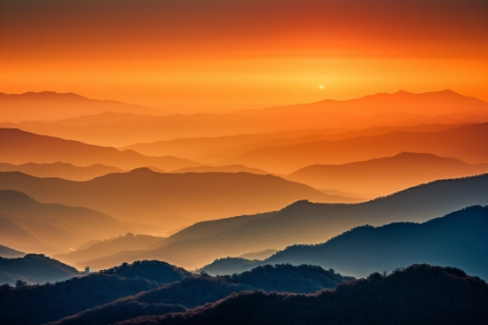Krajina hor s oranžovou a žlutou oblohou