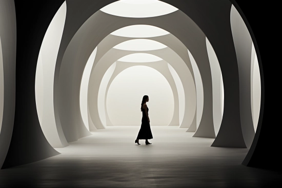 žena kráčející v místnosti s bílými oblouky