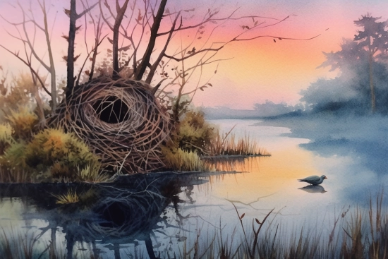 Akvarelová malba hnízda na jezeře