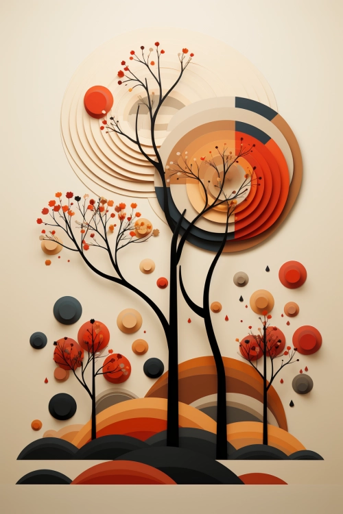 Strom s oranžovými a černými kruhy a kolečky