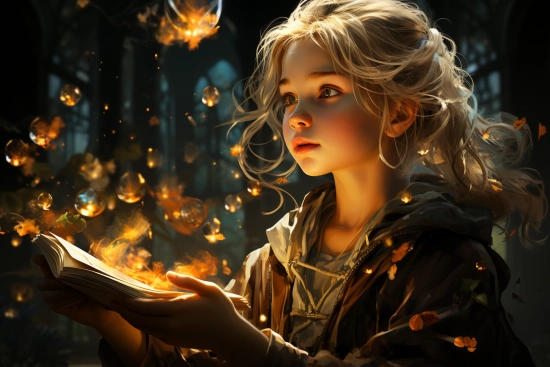 dívka držící knihu, které z rukou šlehají plameny.