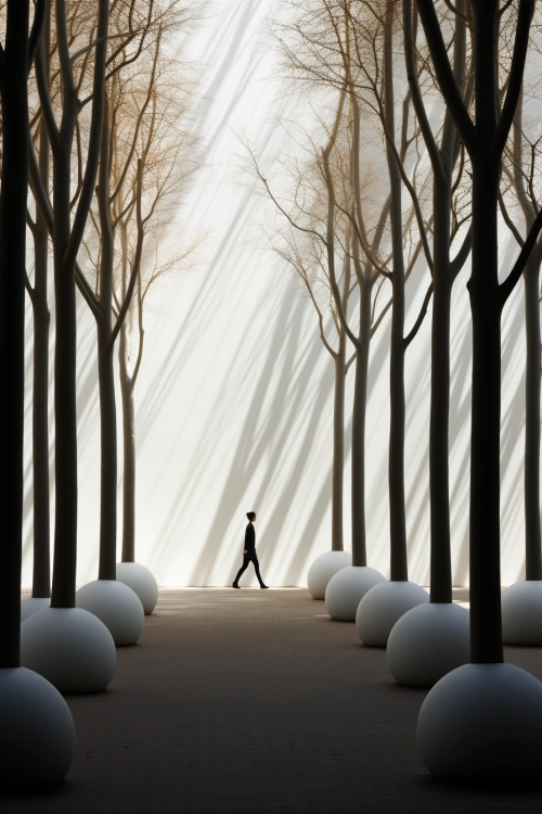 Muž kráčející po cestě mezi stromy