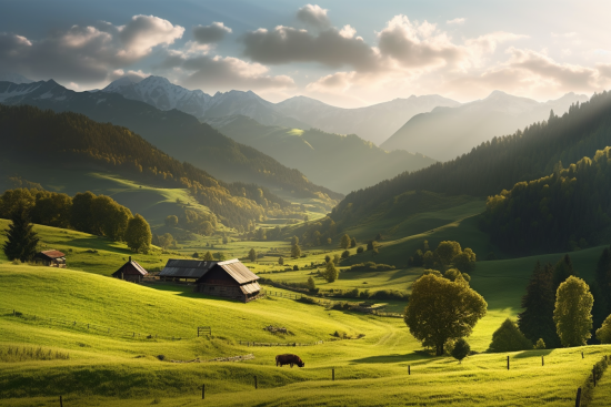 Zelené údolí s krávami a horami