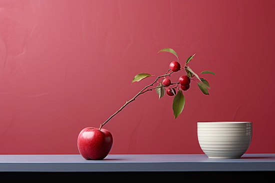 červené jablko se stopkou a listy na bílém kalichu.