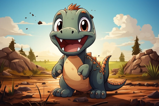 kreslený dinosaurus stojící na hliněném poli