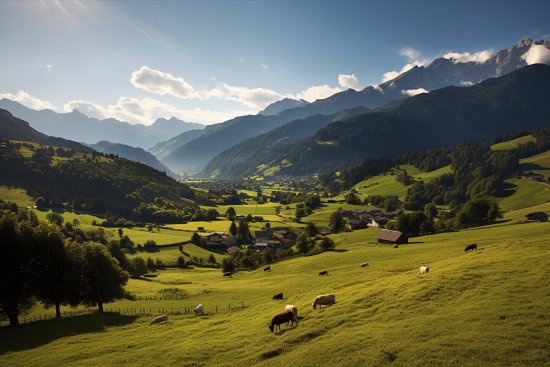 Skupina krav pasoucích se v údolí s horami v pozadí