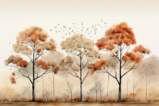 Skupina stromů s oranžovými a hnědými listy