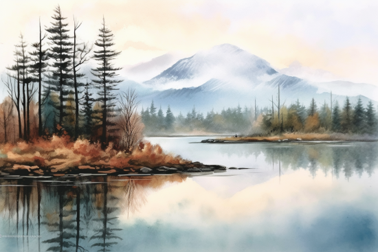 Akvarelová malba jezera se stromy a horami v pozadí