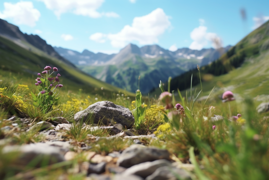 Skalnatý horský svah s květinami a kameny