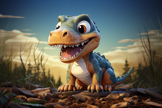 kreslený dinosaurus na skalnatém povrchu