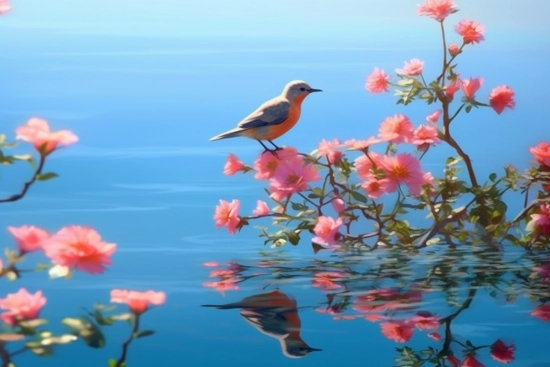 Pták sedící na větvi s růžovými květy