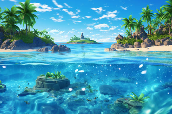 Tropický ostrov s palmami a skalami pod vodou.