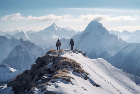 Dva lidé stojící na zasněženém vrcholu hory