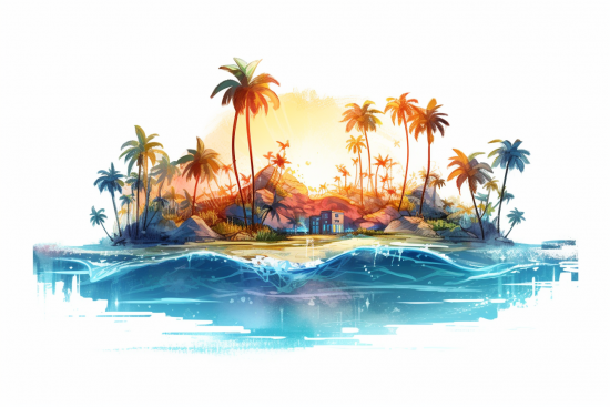 Tropický ostrov s palmami a domem na vodě.