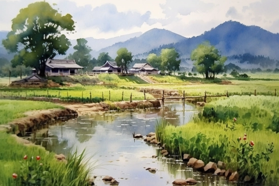 Akvarel řeky s domy a stromy v pozadí
