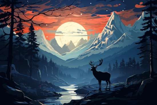 jelen stojící na skalnatém kopci s horami a řekou.