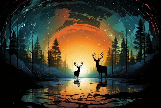 dva jeleni stojící v jezeře se stromy a západem slunce