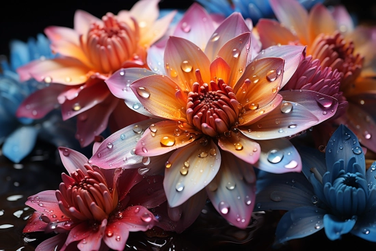 Skupina barevných květů s kapkami vody