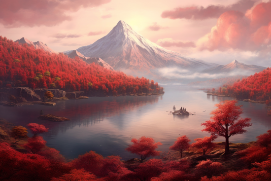 Jezero s červenými stromy a horami