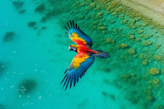Barevný pták letící nad vodou