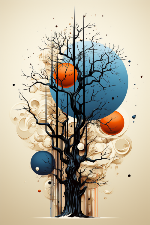 Strom s oranžovými a modrými kruhy