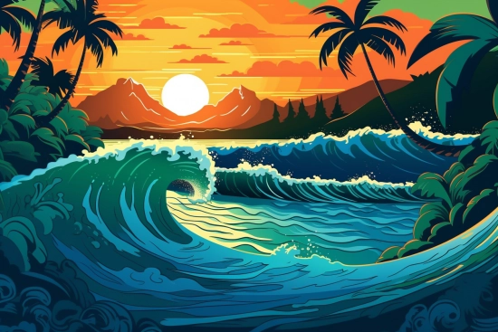 Vlny v oceánu s palmami a horami