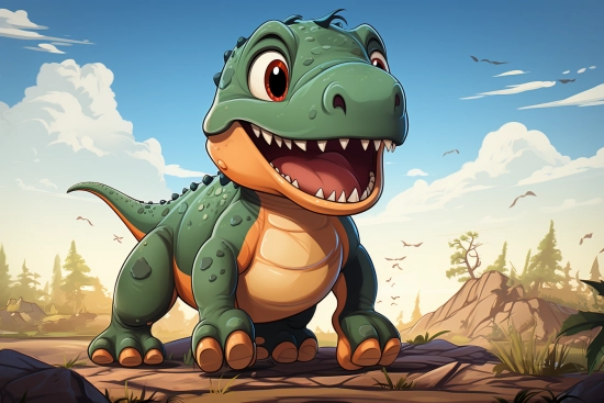 kreslený dinosaurus stojící na skále