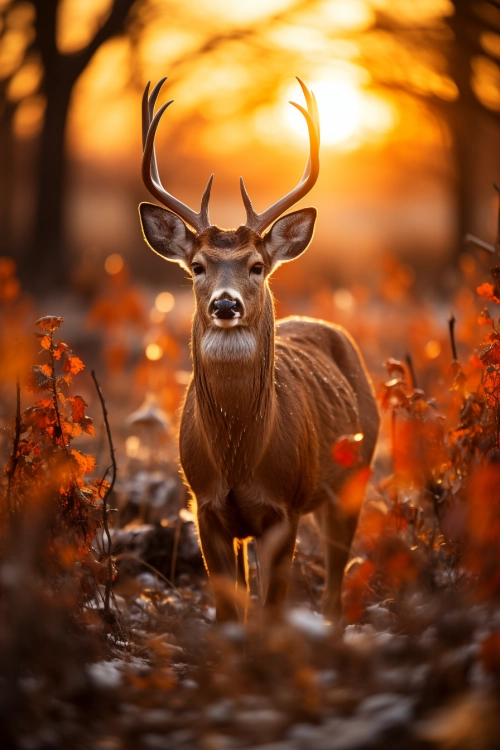 jelen s parožím stojící v poli oranžových listů