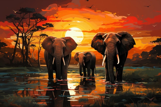 skupina slonů ve vodě se západem slunce