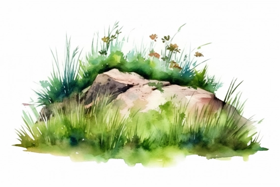 Akvarelová malba skály obklopené trávou
