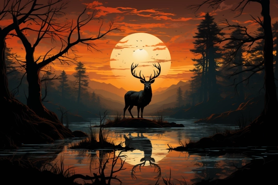 jelen stojící na skále v řece se západem slunce