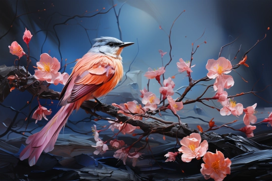 Pták sedící na větvi s růžovými květy