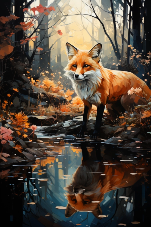 liška stojící na skále u potoka