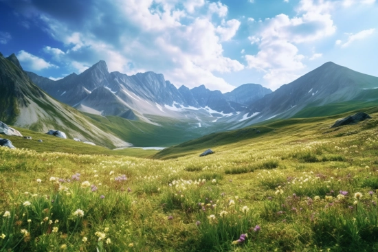 Zelené pole s květinami a horami v pozadí